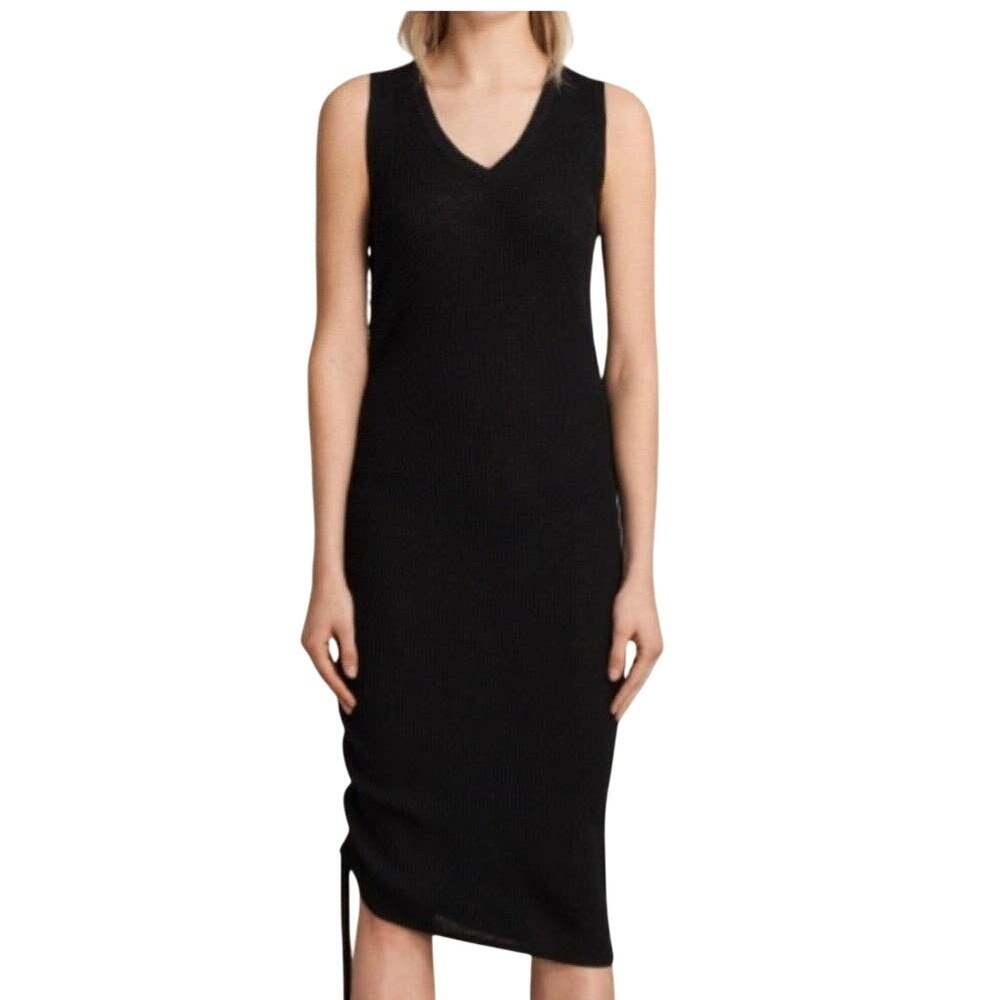 ALLSAINTS Rosen Black Ribbed Bodycon Side Ruched V-Neck Midi Dress Small